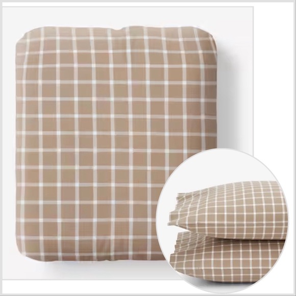 Bundle Windowpane King Fitted Sheet Pillowcases, Company Store Yard-Dyed Taupe - Picture 1 of 9